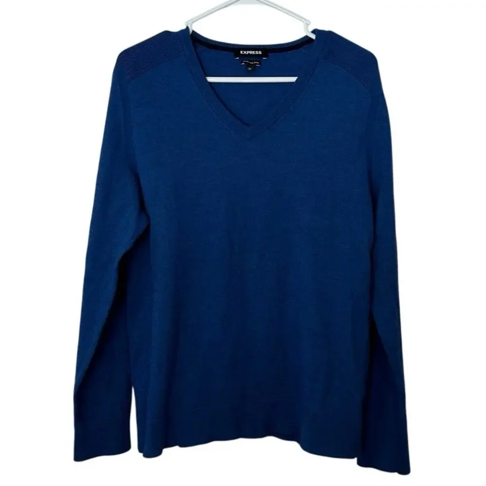 Express Men’s V-Neck Merino Wool Blend‎ Long Sleeve Sweater Size XL Blue Office